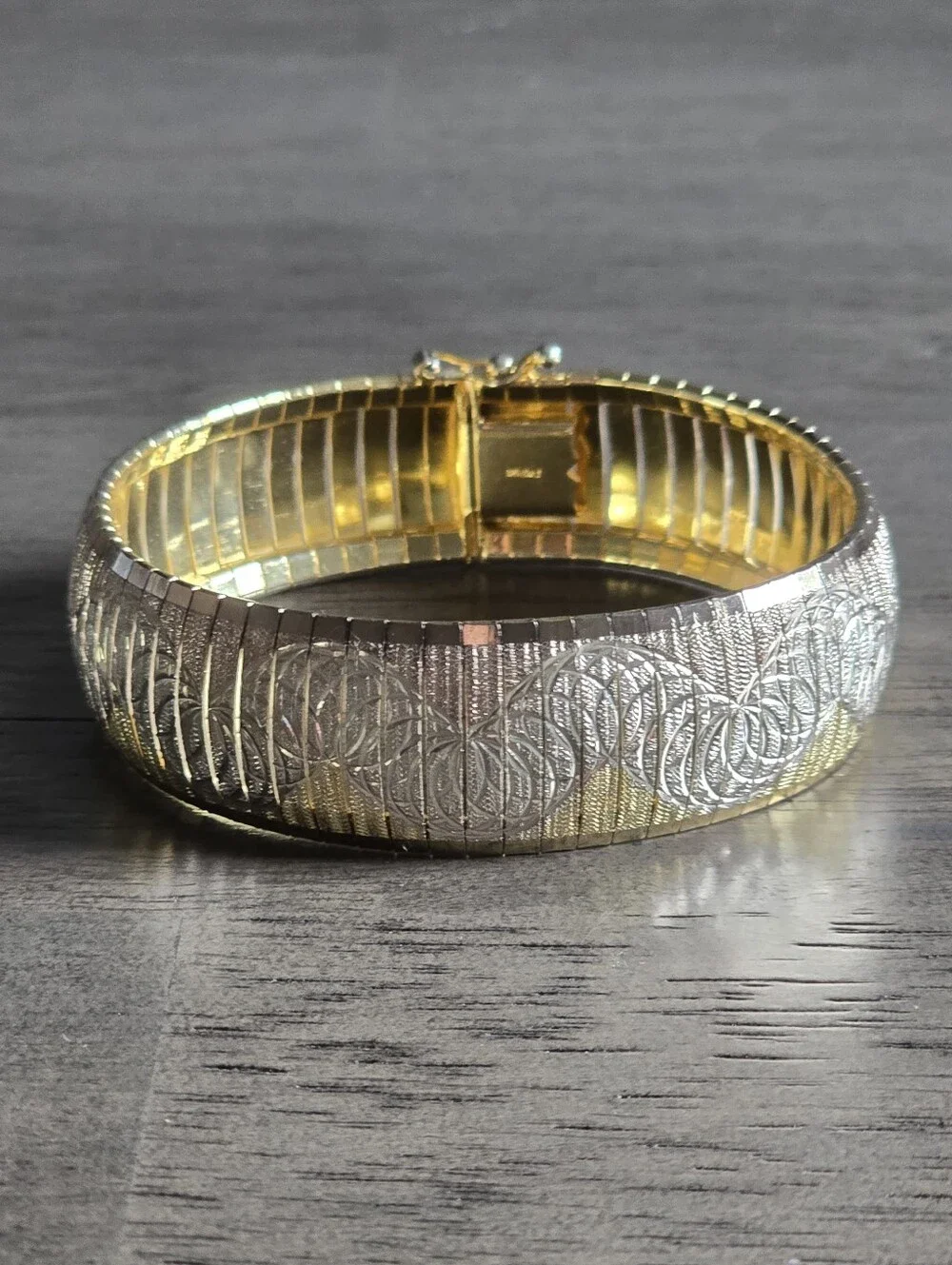 Vintage Italian Wide Flexible Tri-tone Vermeil and Sterling Silver Bracelet